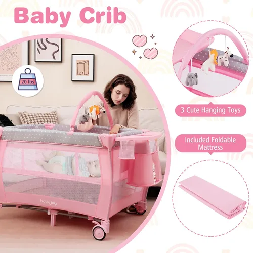 Vista 2 de BABY JOY 3 en 1 portátil Pack and Play con moisés, cuna de viaje convertible para bebé con cambiador, rueda de freno, Napper recién nacido