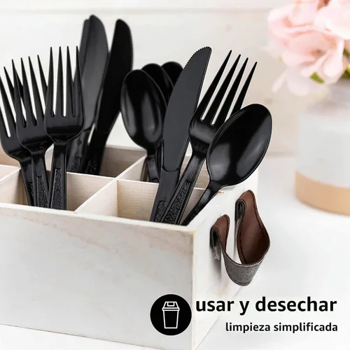 Vista 5 de Juego de cubiertos de plástico pesado, 200 tenedores, 100 cuchillos, 100 cucharas, combo de cubiertos desechables (negro)