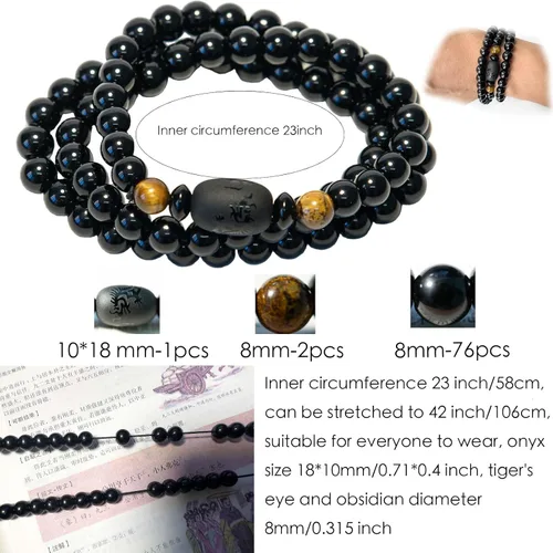 Vista 2 de Obsidian Bracelet Natural Black Onyx Tiger Eye Stone with Phoenix Totem Jewelry Bracelet, 8mm Beaded Bracelets Feng Shui Bracelet for Meditation