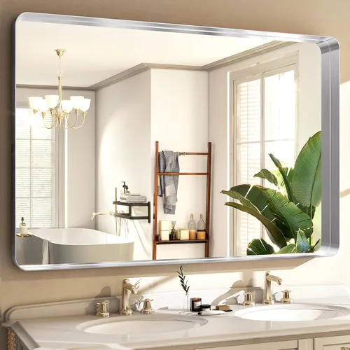 Vista 17 de Espejo de baño negro de 30"x22" - Espejo moderno para pared con esquinas redondeadas, espejos de baño para tocador, espejo enmarcado de aleación
