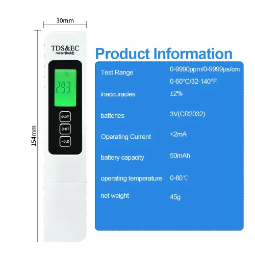 Vista 4 de Kits de prueba de agua multifuncionales 3 en 1 para agua potable y piscina - TDS digital preciso, temperatura, medidor EC medidor de agua