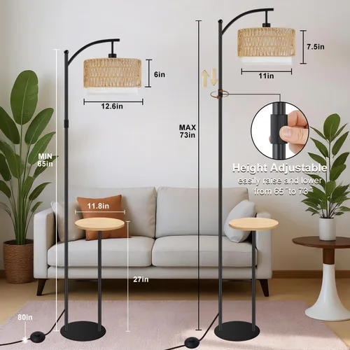 Vista 5 de Lámpara de pie de arco con mesa, lámparas de pie de ratán boho para sala de estar con control remoto regulable 3 temperaturas de color, lámpara