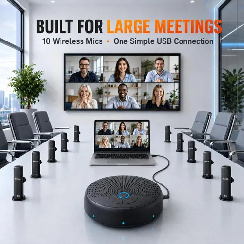 Vista 2 de Altavoz de conferencia CM300 con 10 micrófonos inalámbricos AI, 360° Pickup, rango de 65 pies, reducción de ruido, cancelación de eco, altavoz USB