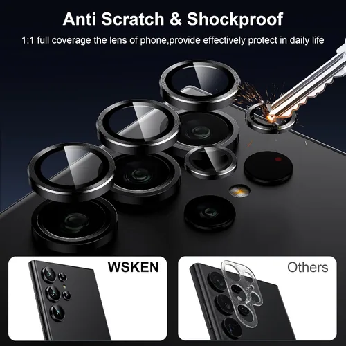 Vista 3 de WSKEN Protector de lente de cámara para Samsung Galaxy S24 Ultra, vidrio templado 9H ultra delgado resistente a rayones con círculo de metal de Negro
