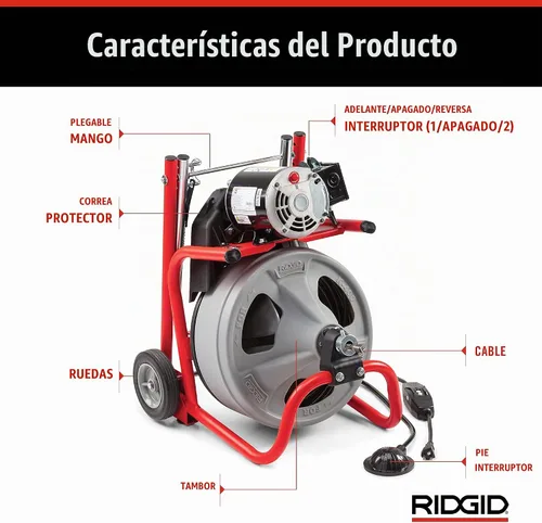 Vista 5 de RIDGID 26998 Modelo K-400 Kit de Máquina de Tambor de Limpieza de Drenaje de 120 Voltios con Cable C-45IW de 1/2" x 75', Blanco, Negro, Rojo