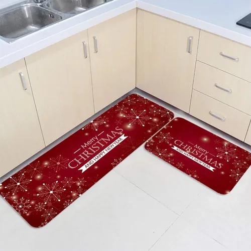 Vista 3 de Juego de 2 tapetes de cocina antideslizantes para puerta, diseño de copo de nieve y feliz año nuevo, tapete de goma para interiores