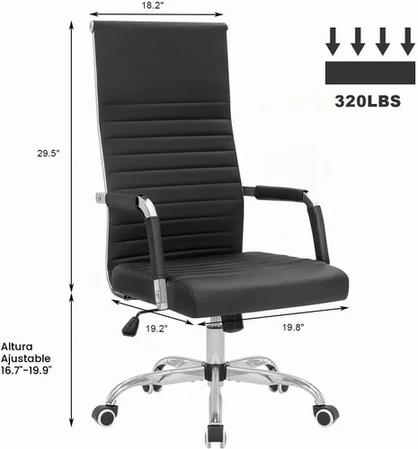 Vista 3 de Silla de oficina acanalada con respaldo alto, silla de escritorio de piel sintética, silla giratoria ajustable, silla de computadora con Negro