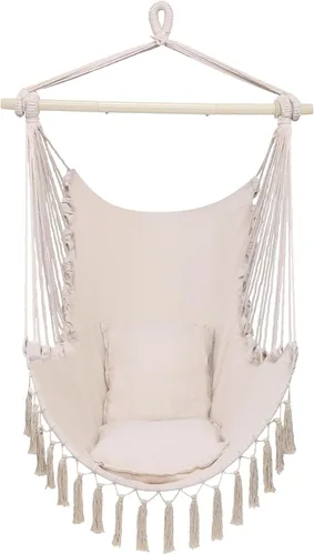 Vista 6 de Silla colgante hamaca – Asiento columpio de cuerda de algodón – máximo 250 libras – 2 cojines incluidos – para interior y exterior, dormitorio, Beige