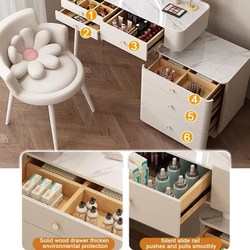 Vista 3 de Escritorio de tocador con espejo iluminado, tocador moderno con 3 cajones, tocador de maquillaje con taburete acolchado suave y 3 modos
