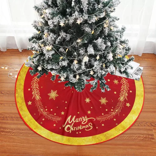 Vista 2 de Falda de árbol de Navidad, adornos de falda de árbol de Navidad roja y dorada, alfombra de árbol de Navidad de felpa suave con patrón de nieve