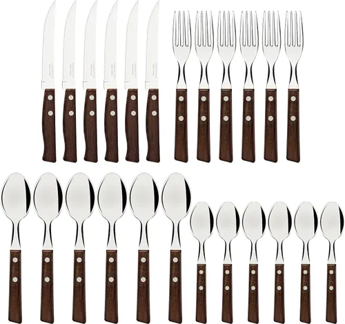 Vista 6 de Tramontina Juego de cubiertos con cuchillos para carne, cuchillo afilado de 24 piezas, tenedores, cucharaditas, cucharadas con asas de madera