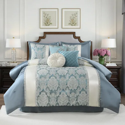 Vista 10 de SahSahCasa Juego de edredón de lujo de 7 piezas, cama en una bolsa, tamaño Queen, juego de ropa de cama jacquard sedoso y esponjoso con falda