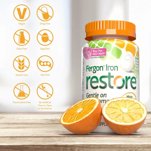 Vista 5 de Fergon Iron Restore - Tabletas masticables suaves para el estómago, sin estreñimiento, hierro de 27 mg para apoyo energético, 60 tabletas