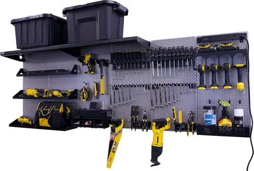 Vista 21 de OmniWall Weekend Warrior Ultimate Tool Kit - Sistema de Almacenamiento de Pared de Tablero de Clavos de Metal de 96" x 32" Negro/Naranja