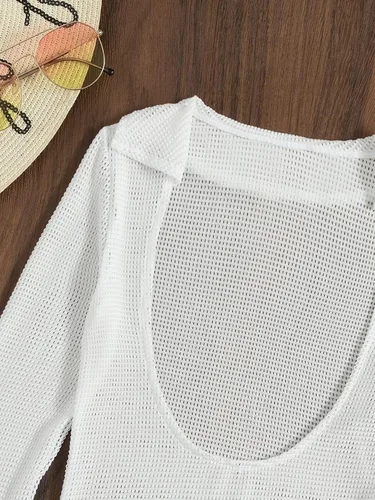 Vista 4 de MakeMeChic Vestido de ganchillo para mujer, de manga larga, de punto, transparente, para cubrir el traje de baño