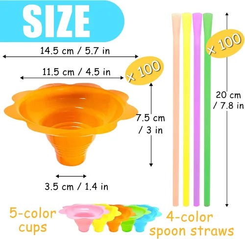 Vista 2 de Juego de 200 tazas coloridas de cono de nieve de 4 onzas con 100 popotes de cuchara y 100 tazas, vasos de plástico reutilizables para goteo de hielo