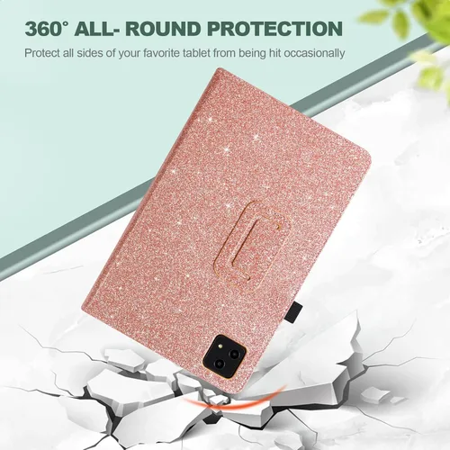 Vista 8 de Funda para tablet T-Mobile Revvl Tab 5G - Funda de piel sintética con soporte para lápices, purpurina oro rosa