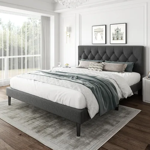 Vista 11 de CXVX Marco de cama de tamaño matrimonial con estructura de plataforma y cabecera tapizada, diseño con botones, listones de madera resistentes,