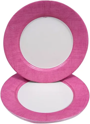 Vista 4 de Caspari Platos llanos de papel con borde de lino en fucsia, paquete de 8