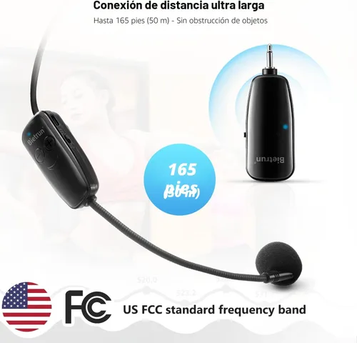 Vista 3 de Bietrun Micrófono de Diadema Inalámbrico, Sistema de Micrófono Inalámbrico UHF, alcance de 160 pies, enchufe de 1/8 pulgadas y 1/4 pulgadas