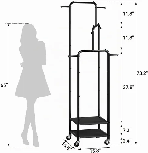 Vista 3 de Chrislley Pequeño Perchero de Ropa con Ruedas, Perchero Enrollable Portátil de 71" con 2 Estantes y 6 Ganchos, Perchero de Ropa de Metal Resistente