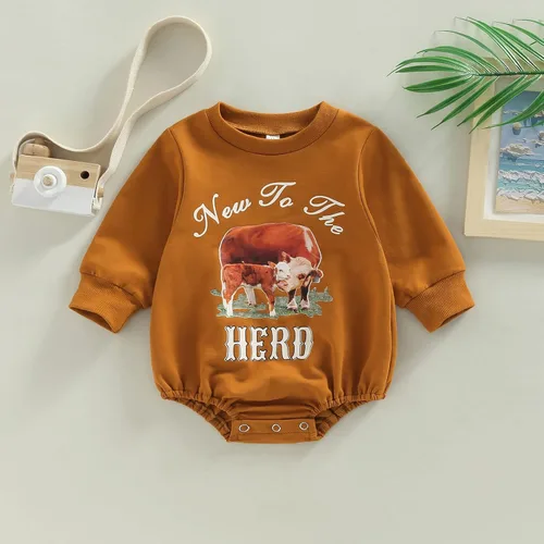 Vista 6 de Adobabirl Ropa de bebé occidental para niña, con estampado de vaca, sudadera de gran tamaño para bebé, lindo traje de otoño e invierno