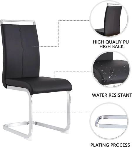 Vista 4 de gopop Juego de sillas de comedor, sillas modernas de metal con asiento acolchado de piel sintética, respaldo alto y patas cromadas resistentes, Negro