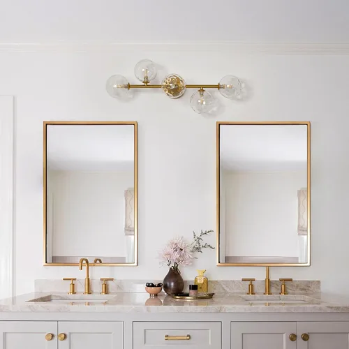 Vista 6 de Luminarias de Espejo de Tocador de Baño: Aplique de Pared de Baño Regulable de 5 Luces - Luces de Tocador de Latón Dorado con Pantalla de Vidrio