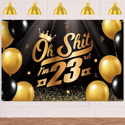 Vista 9 de Oh S*hit I'm 10th Banner telón de fondo negro dorado globos corona confeti Hallo Quince Cheers to 10 años decoración temática decoración para hombre