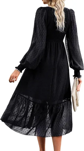 Vista 2 de PRETTYGARDEN - Vestidos de primavera para mujer, de manga larga, con cuello en V, plumetí, cintura imperio, de gasa, con volantes, vestidos por