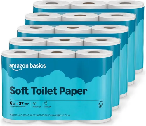 Vista 6 de Amazon Basics - Papel higiénico de 2 capas, 6 rollos = 24 rollos regulares, 350 hojas, (1 paquete de 6), sin perfume