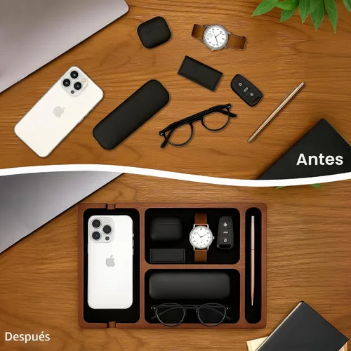 Vista 6 de Bandeja de valet, madera de acacia y superficie de cuero con puerto