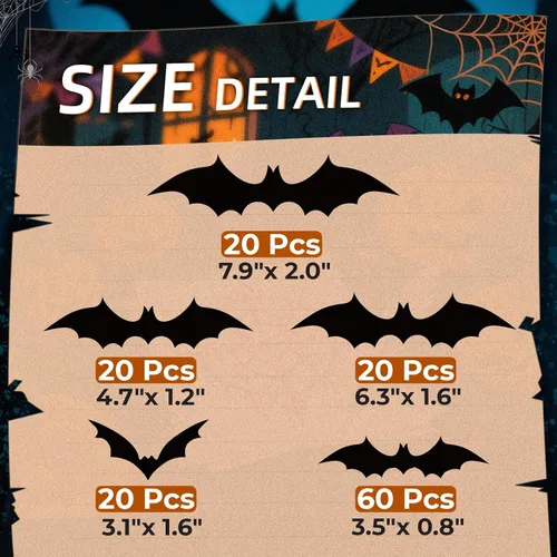 Vista 3 de CLEANGOR 140 piezas de murciélagos para decoración de Halloween, suministros de fiesta de Halloween, calcomanías de pared de murciélagos 3D, bonitas
