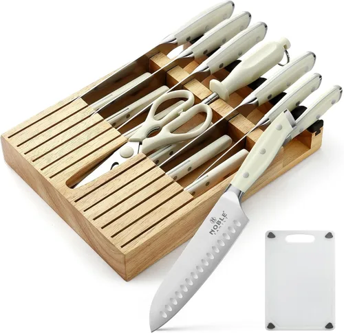 Vista 10 de Juego de cuchillos con bloque, N NOBLE FAMILY, juego de 16 cuchillos de cocina, organizador de cajones con afilador, tabla de cortar, juego