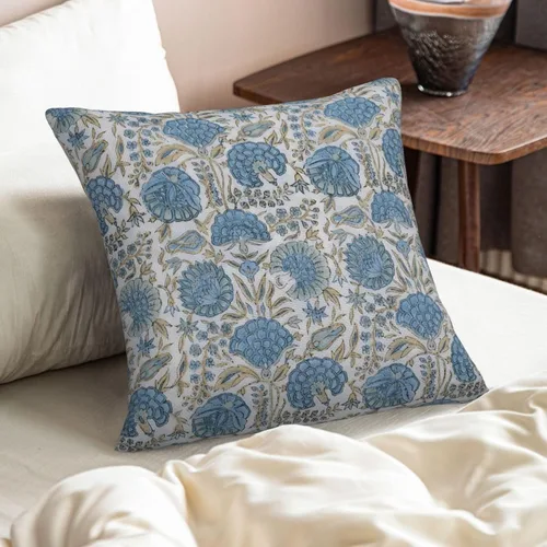 Vista 5 de Juego de 2 fundas de almohada florales bohemias de 16 x 16 pulgadas, fundas de almohada de lino con estampado de bloques azules estilo campestre