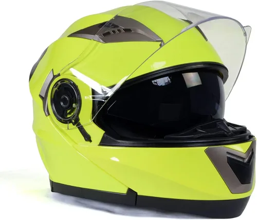 Vista 8 de Cascos Milwaukee MPH9809DOT Ionized Amarillo Neón Avanzado Casco Modular de Motocicleta para Motociclista con Visera Desmontable