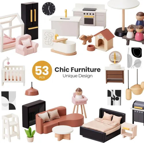 Vista 5 de Tiny Land Casa de muñecas, casa de muñecas familiar moderna con diseño realista, casa de muñecas de madera con muebles de 53 piezas, regalo ideal