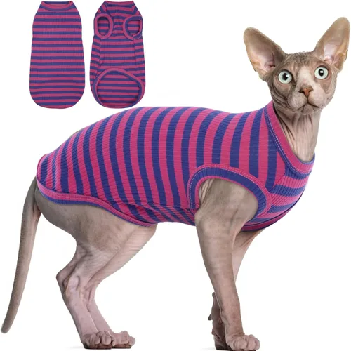 Vista 11 de BRKURLEG Camisa de punto para gatos, chaleco sin mangas para gatos Sphynx y perros pequeños, ropa suave de primavera y verano, camisetas Rayas azules