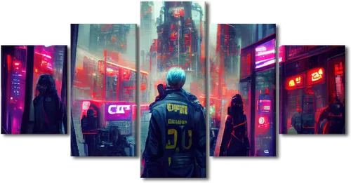 Vista 57 de Póster de 5 paneles en lienzo para decoración de pared, diseño de centro urbano Cyberpunk, impresión moderna, decoración de pared para el hogar