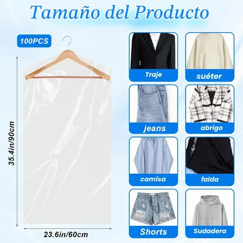 Vista 2 de Paquete de 100 bolsas de plástico para limpieza en seco de 23.6 x 35.4 pulgadas, bolsas de ropa para colgar ropa, cubiertas transparentes
