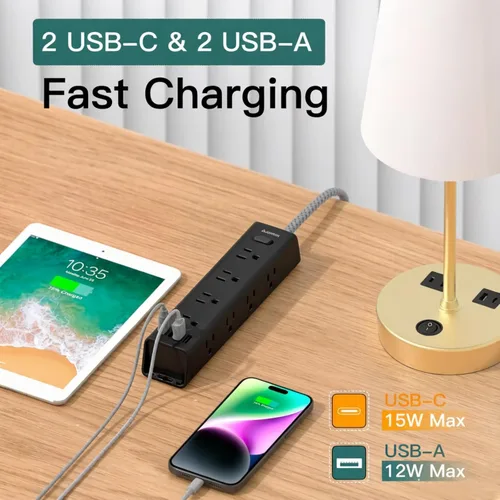 Vista 4 de Addtam Regleta protectora de sobretensiones negra con 12 salidas de CA y 4 puertos USB, cable de extensión de 5 pies, montaje en pared de enchufe