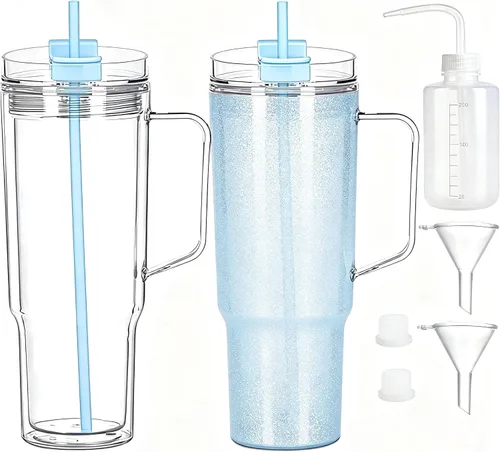 Vista 18 de Vasos de plástico de 40 onzas con asa, tapa de rosca con popote incluido, botella de agua reutilizable de doble pared a prueba de fugas, taza