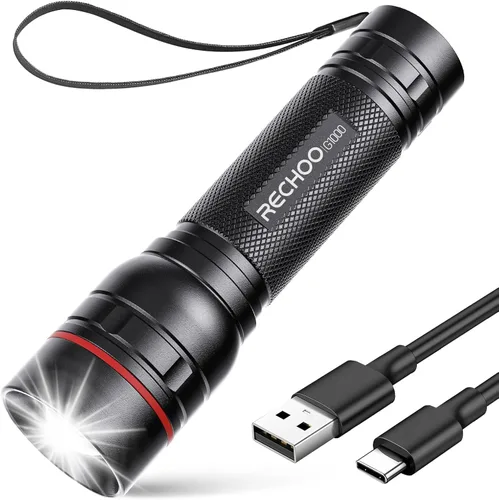 Vista 12 de RECHOO Linternas recargables de alta luminosidad, G1000 súper brillante, pequeña linterna LED con zoom y 3 modos de iluminación, linterna táctica