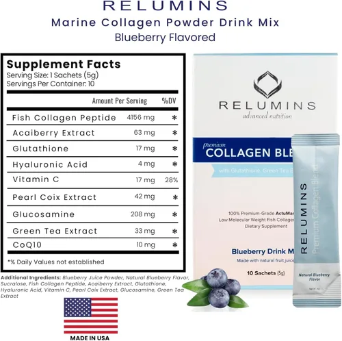 Vista 9 de Relumins Paquete de colágeno y gluta de primera calidad, 10 sobres de colágeno marino (sabor a arándano) + 60 cápsulas vegetarianas, apoya