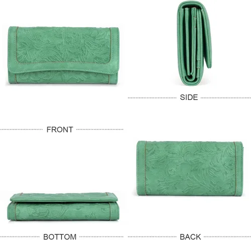 Vista 34 de MEITRUE Cartera de cuero para mujer, con bloqueo RFID, triple pliegue, con relieve, soporte para tarjetas, organizador de chequera para teléfono