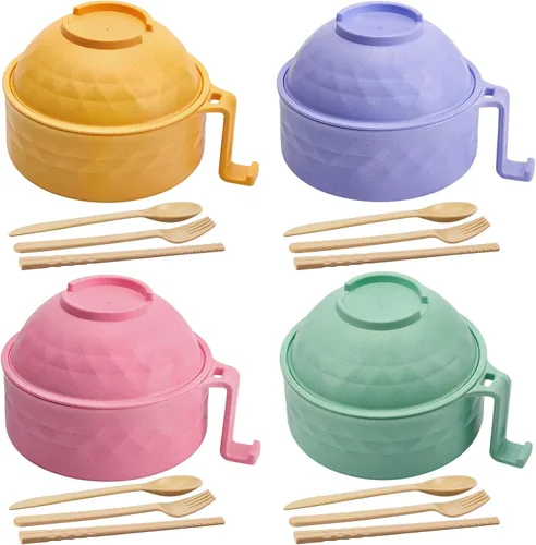 Vista 10 de 4 Juegos de Cocedor de Ramen para Microondas de 33 oz, Juego de Tazones de Ramen Rápido, Cocedor de Fideos para Microondas con Asa, Tazón de Fideos