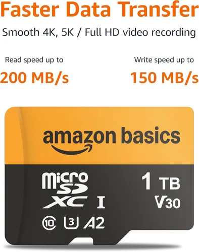 Vista 2 de Amazon Basics - Tarjeta microSDXC de 1 TB con adaptador, velocidad de lectura de hasta 200 MB/s, paquete de 1 unidad