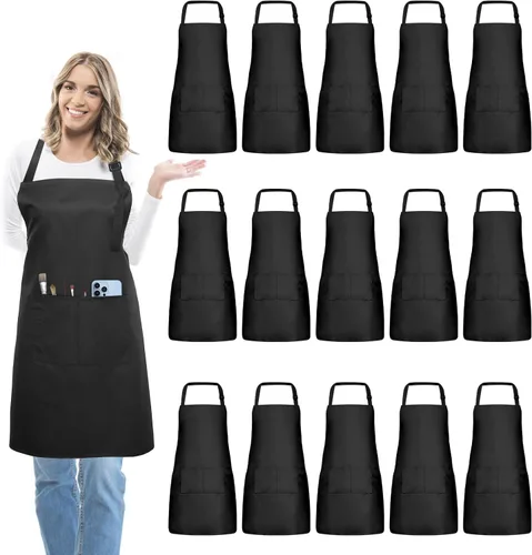 Vista 17 de 15 delantales para adultos a granel con bolsillos, delantal de chef ajustable para mujeres y hombres, pintura, cocina, manualidades (S/L)