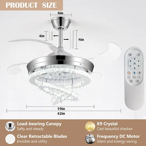 Vista 7 de Ventilador de techo de 42" de cristal con luces, ventilador de araña de cristal moderno DIY con control remoto, ventilador de techo retráctil
