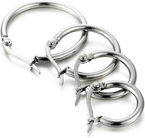 Vista 2 de ORAZIO 4 Pares de pendientes de argollas de acero inoxidable. Pendientes tipo argolla plana para mujer, de 10-20 milímetros.